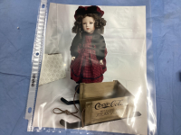 FRANKLIN MINT HEIRLOOM COCA COLA PORCELAIN COLLECTOR DOLL - "MORGAN" W/ WOOD SLEIGH