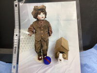 FRANKLIN MINT HEIRLOOM COCA COLA PORCELAIN COLLETOR DOLL - "MATTHEW" W/ WOOD DOG HOUSE, PUPPY AND BALL