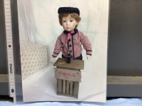 FRANKLIN MINT HEIRLOOM COCA COLA PORCELAIN COLLETOR DOLL - "BILLY" W/ COCA-COLA WOOD STAND, POP BOTTLE AND BOTTLE OPENER