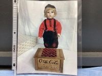 FRANKLIN MINT HEIRLOOM COCA COLA PORCELAIN COLLETOR DOLL - "PERRY" W/ WOOD CHECKERBOARD AND BOTTLE CAP CHECKERS