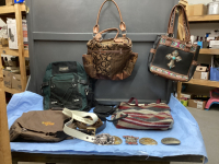 BOX OF PURSES, DUFFEL BAGS, BACKPACK, BELTS, LITTLE BRITCHES PATRICIA RODEO BUCKLES