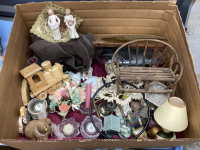 BOX OF MISC KITCHEN ITEMS & DECOR - TOWELS, PILL ORGANIZERS, UMBRELLAS, PICTURES, (2) SMALL WILLOW TREES, ETC