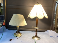 (2) TABLE LAMPS - (1) BRASS, (1) WITH WOOD & METAL BASE, GLASS SHADE