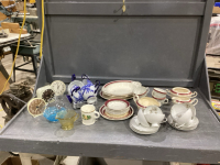 VINTAGE UNMATCHED DISHES AND OLD WESTCLOX ALARM CLOCKS, DEPRESSION GLASS CREAMER
