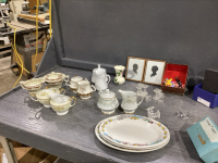 BOX WITH ASSORTED CREAM + SUGAR SETS, PLATES, VINTAGE CANDLE HOLDERS