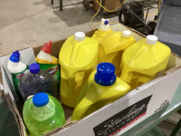 BOX OF CLEANING SUPPLIES - SUNLIGHT LIGHT + NO NAME LAUNDRY DETERGENT, TOILET CLEANER, HAND SOAP , BISSEL SPOT CLEAN , MR CLEAN