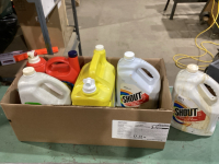 BOX OF CLEANING SUPPLIES-NO NAME + TIDE DETERGENT, SHOUT, FANTASTIK