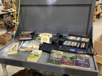 BOX W/VINTAGE ROTARY PHONE, CASSETTE TAPES, UMBRELLA, MINOLTA 35MM CAMERA IN CASE, BLACK CLUTCH