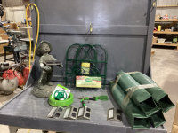 TOTE WITH GUTTER EXTENDERS, METAL GARDEN FENCE , STATUE