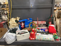 VINTAGE XMAS TREE STAND, LIGHTS, RIBBON, PHONE/RADIO, CANDLE HOLDER, MISC