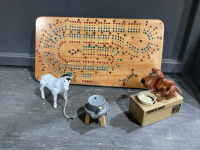 HOMEMADE CRIB BOARD , BATTERY WALKING HORSE, DOG COIN BANK