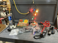 VINTAGE CHRISTMAS LIGHTS, TREE STAND, CORDLESS PHONES, PICNIC TABLE CLIPS, SMALL HUMIDIFIER