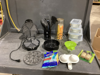 GLASS STORAGE CONTAINERS,KITCHEN UTENSILS, SPRINGFORM PAN, RUBBER GLOVES, WAFFLE MAKER, PASTA CANNISTER, TRIVET