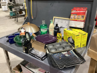 LARGE TOTE W/CLOCK,CUTLERY ORGANIZER, GARBAGE BAGS, WINDOW SHRINK INSULATION, WOK,