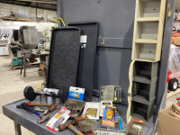 TOTE W/ 2 BOOT TRAYS,BALL PEEN HAMMER, HAMMER, ELECTRICAL SUPPLY, TOOLS, SIGNS, SNAP HOOKS, EXTENSION CORDS