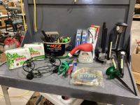 BOX W/SPRINKLER, HAND TOOLS, SOLAR LIGHTS, SPRAYER, PLANT DOLLY, LIGHTERS, MATCHES, HAND SPREADER