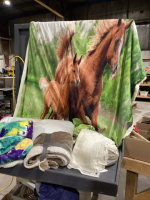LIDDED TOTE W/ PILLOWS, HORSE BLANKETS, LACY TABLECLOTHS