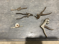 BUCKET OF SAW SETS, DIE HANDLES, TACHOMETER