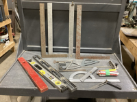 BOX OF SQUARES, LEVELS. PROTRACTOR SQUARE, SPEED & FRAME SQUARE