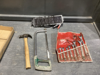 FLAT HAMMER, ITC WRENCH SET, HACK SAW, SMALL SOLAR PANEL