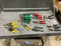 BOX OF SNIPS, SEAMER, BUTTON LOCK, POLY PIPE CUTTERS,