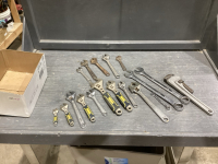 BOX OF PIPE WRENCH, CRESCENT WRENCHES, AND MORE WRENCHES