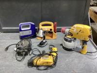 BOX. DEWALT DRILL, WAGNER PAINTER, LED FLASHLIGHT, BATTERY CHARGER, LITTLE AIR COMPRESOR