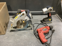 BOX FLASHLIGHT, POWERMAX DRILL, MASTERCRAFT CORDLESS CIRCULAR SAW
