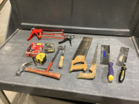 BUCKET DOVE TAIL SAW, KEYHOLE SAW, BACKSAW, DRYWALL SAW, CAULKING GUNS, BASIN WRENCH, 2 TAPE MEASURE, 15&rsquo; BAND CLAMP, CLAW HAMMER