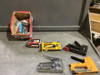BOX OF STAPLERS & STAPLES, DRYWALL SCREWS