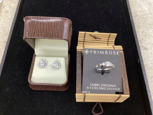 PRIMROSE SIZE 9 CZ STERLING SILVER RING + PAIR OF EARRINGS