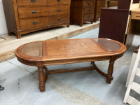 COFFEE TABLE W/ (2) RATTAN INSERTS WITH GLASS ON TOP