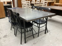 METAL FRAMED TABLE W/ GREY TOP TO LOOK LIKE METAL & (4) METAL CHAIRS