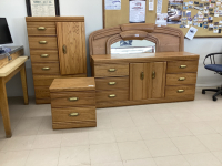 BEDROOM SUITE - DOUBLE/QUEEN HEADBOARD, ARMOIR, DRESSER W/ MIRROR AND SIDE TABLE -NO RAILS