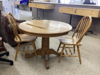 OAK WOOD PEDESTAL TABLE W/ (2) CHAIRS & (1) LEAF