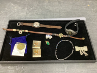 COLLECTION OF VARIOUS ITEMS - (2) WATCHES, PINS, HEMATITE BRACELET, CHOKER, BROOCH, AB 100TH TOKEN