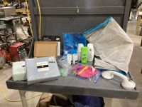 BOX OF WOODEN UTENSILS, SHOOTER CUPS, GLASS SUCTION MOVER, SHOWER CURTAIN RINGS, PLASTIC DISHES, WALL DECOR, AIR FRESHNER DISPENSERS, SHEETS
