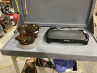 2 BROWN GLASS CASSEROLE DISHES, TOASTMASTER ELECTRIC GRIDDLE