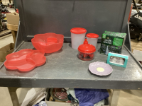 BOX OF IRISH SPRING, TUPPERWARE CHIP DIP BOWL, HAND PROCESSOR, COUPLE CANISTERS, S&P SHAKER