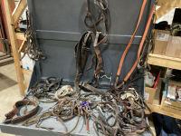 BOX OF BRIDLES, HEAD STALLS, REINS, BACK CINCH, TIE DOWNS, HALTERS