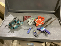 BOX QUICK GRIPS, TAPE MEASURE, WIRE BRUSH, MAKITA ELECTRIC PLANE, SPEED SQUARE, SLIDING BEVEL