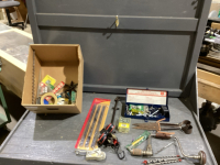 BOX SOCKET RAILS, MISC SOCKETS, SPREADER, STANLEY BRACE, SHEEP SHEARS, RATCHET STRAPS, AUGER BITS, NUTS, ROPE CLAMP, GLASS CUTTER, ETC