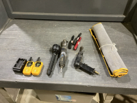 MASTERCRAFT AIR RATCHET, RIGID FLASHLIGHT, EMPTY WRENCH POUCH, AIR CHISEL, POCKET LIGHTS, BATTERY CHARGER, 2 RADIOS