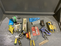 BOX SHARPENING STONE, STAPLER, TAPE MEASURES, DRILL BITS, BOLT GUIDES, CALIPERS, FUNNELS, SCRAPERS