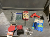 TUB STYRO CUTTER, SAW GUIDE. TOOL POUCH, MILWAUKEE SAW BLADE, SAND PAPER, ARROW GLUE GUN