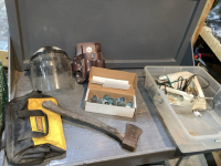TOTE DEWALT BAG, FACE SHIELD, BENCHMARK ELECTRICIAN POUCH, CANONBALL TRACK HANGERS, 3 SHOP IRONS, HATCHET