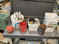 BUCKET ACRYLIC CAULKING, FENCE STAPLES, BUCKET OF SPIKES, BUCKET POWERBALL SCRUBBER, HITCHBALLS, CABLE CLAMPS, TRIM LINE