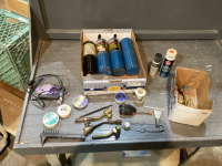 4 PROPANE BOTTLES(SOME PARTIAL) TORCH HEADS, SOLDERING PASTE, GLUE GUN W/STICKS, SOLDER,