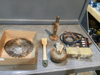 SCRAPER, 2 PTO STUB SHAFTS, FEED WAGON CONTROL, TRAILER JACK WHEEL, MISC SAW BLADES