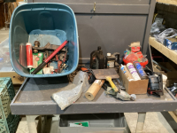 HARDWARE, PIPE FITTINGS, HITCH PINS, GREASE, BOSCH LASER LEVEL, CLR GREASE MAGNET, CLIP ON SHEARS, 2 HAMMER TACKERS, SCRAPER, OSCILLATING TOOL, MISC, SILICONE, BOLTS,